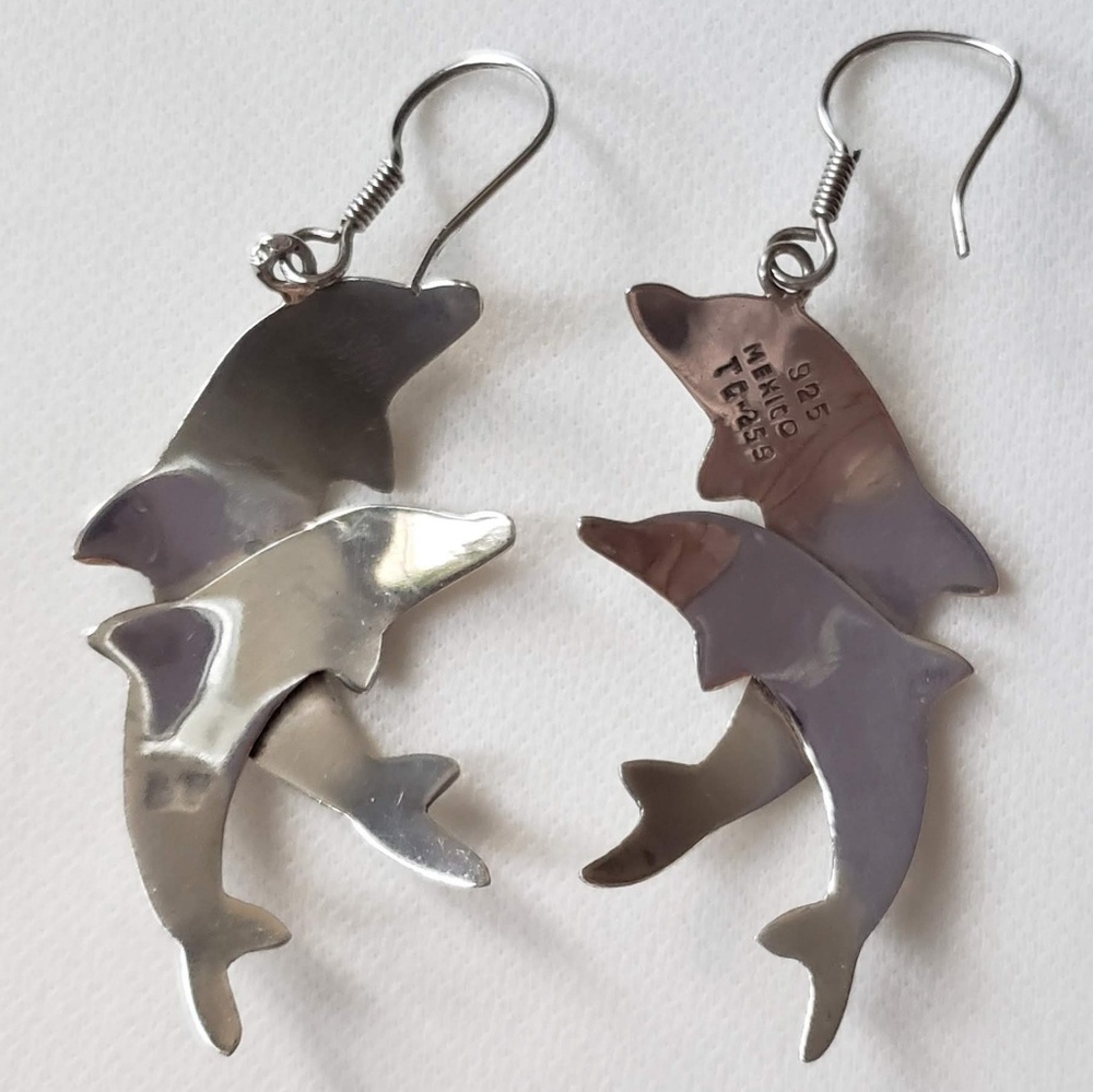 Vtg Sterling Taxco TC-259 Dolphins Dangle Earrings - Picture 5 of 5